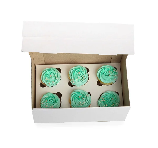 Caixa Com Cupcakes Saborosos Fundo Branco — Fotografia de Stock