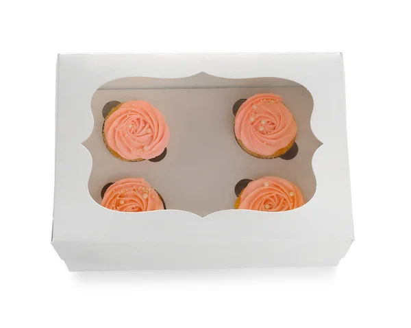 Box Tasty Cupcakes White Background — Stock Photo, Image