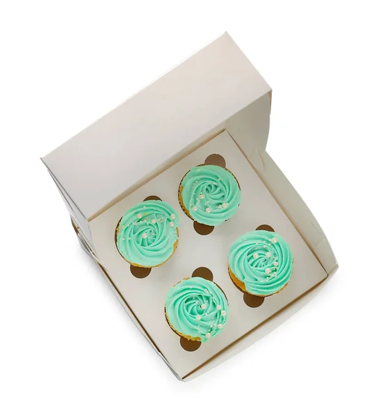 Box Tasty Cupcakes White Background — Stock Photo, Image