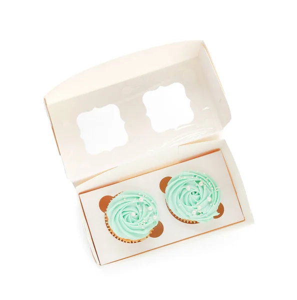 Caixa Com Cupcakes Saborosos Fundo Branco — Fotografia de Stock