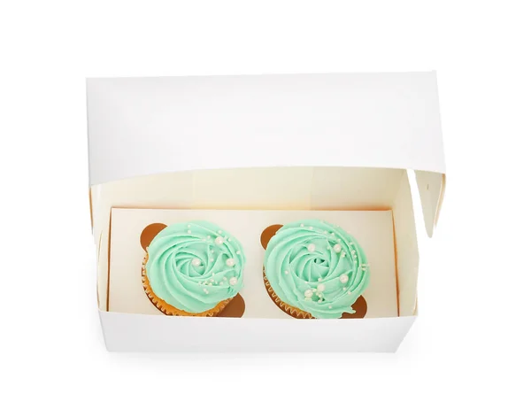 Box Tasty Cupcakes White Background — Stock Photo, Image