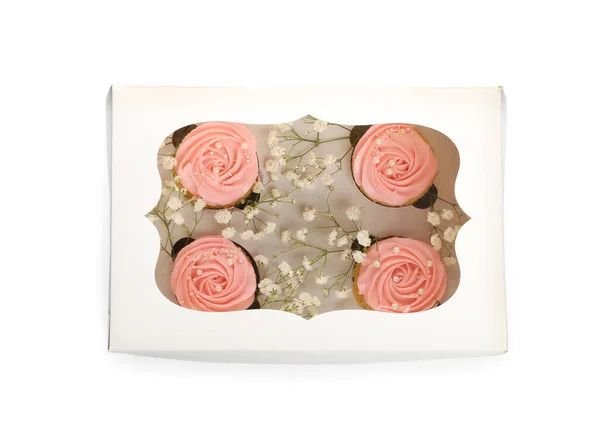 Krabice Chutnými Cupcakes Květy Bílém Pozadí — Stock fotografie