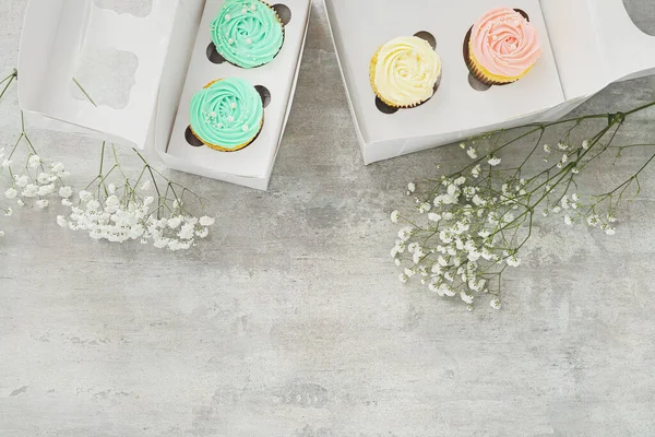 Összetétel Finom Cupcakes Virágok Könnyű Háttér — Stock Fotó