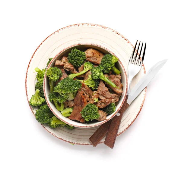 Plate Tasty Beef Broccoli White Background — Stock Photo, Image