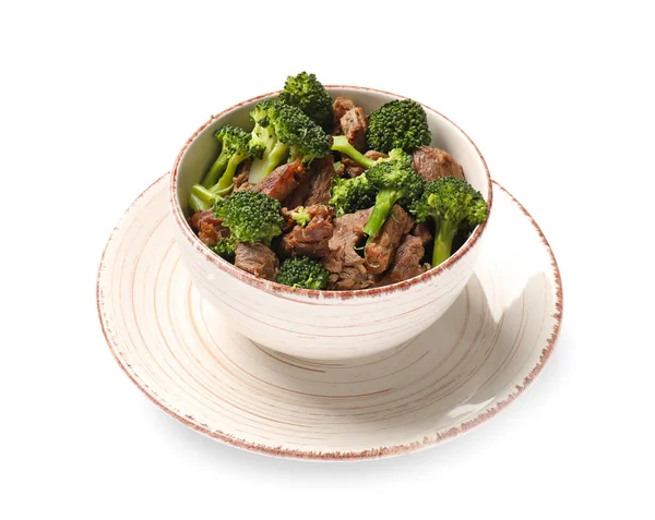 Plate with tasty beef and broccoli on white background