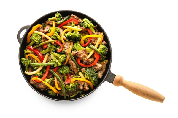 Frying Pan Tasty Beef Vegetables White Background — Stock Photo, Image