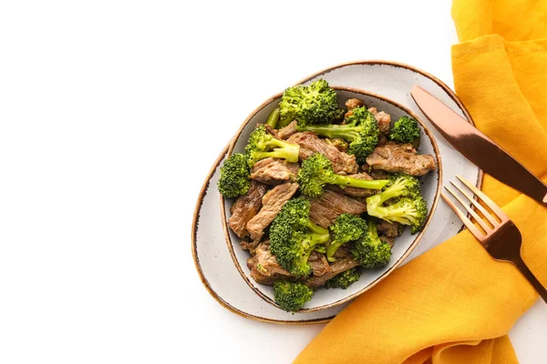 Plate Tasty Beef Broccoli White Background — Stock Photo, Image