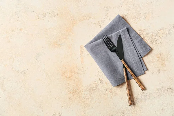 Stylish Napkin Cutlery Light Background — Stock Photo, Image