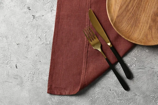 Plate Stylish Napkin Cutlery Grey Background — Stock Photo, Image