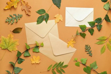 Renkli arkaplanda zarf ve sonbahar yaprakları