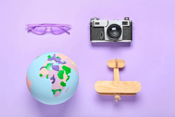 Globe Wooden Airplane Photo Camera Sunglasses Color Background —  Fotos de Stock