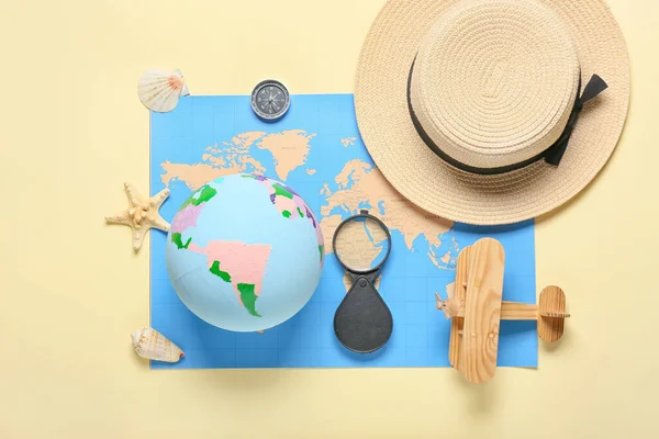 Globe Map Wooden Airplane Hat Travel Accessories Color Background — Foto de Stock