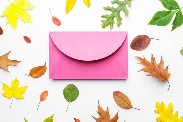 Envelope Autumn Leaves White Background — Stock Photo, Image