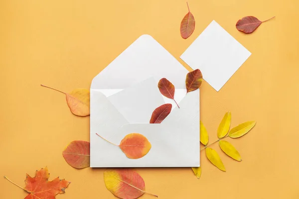 Φάκελος Λευκές Κάρτες Και Φθινοπωρινά Φύλλα Έγχρωμο Φόντο — Φωτογραφία Αρχείου