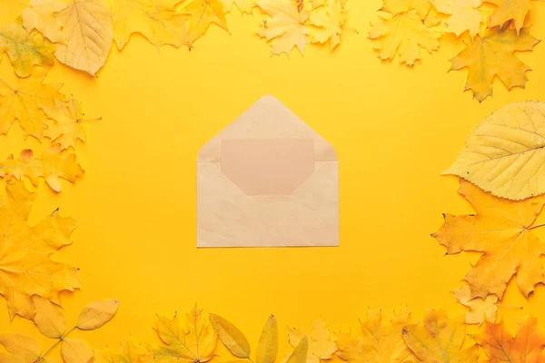 Envelope Com Cartão Branco Folhas Outono Fundo Cor — Fotografia de Stock