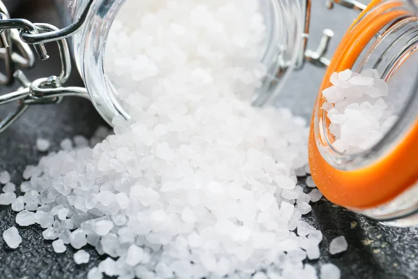 Jar Salt Dark Background Closeup — Stock Photo, Image