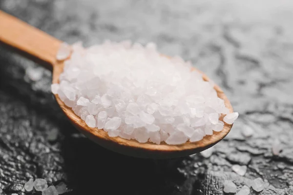 Spoon Salt Dark Background Closeup — Stock Photo, Image