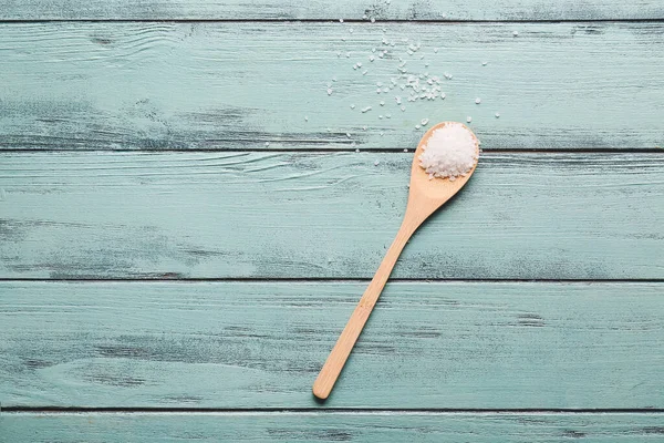 Spoon Salt Color Wooden Background — Foto de Stock