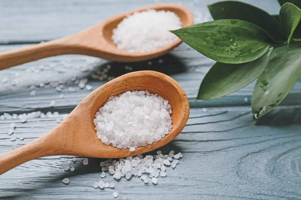 Spoon Salt Wooden Background — Stock Photo, Image