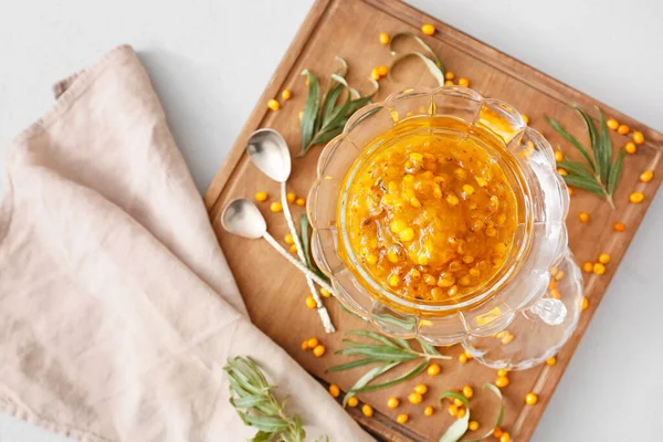 Bowl Healthy Sea Buckthorn Jam Light Background — Stock Photo, Image