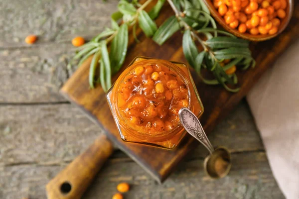 Jar Healthy Sea Buckthorn Jam Wooden Background — Stock Photo, Image