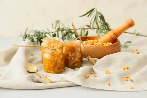 Jars Healthy Sea Buckthorn Jam Table — Foto de Stock