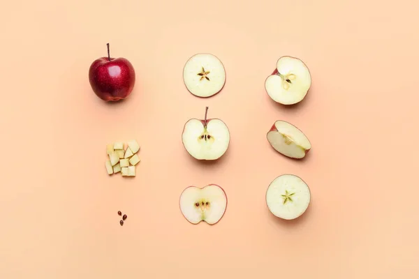 Fresh Red Apple Different Pieces Seeds Color Background — Stock Photo, Image