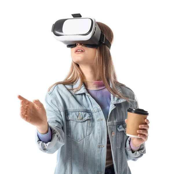 Young Woman Virtual Reality Glasses Coffee White Background —  Fotos de Stock