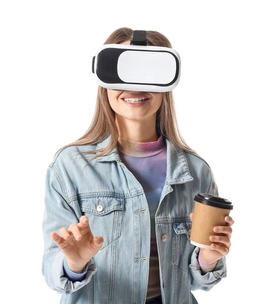 Young Woman Virtual Reality Glasses Coffee White Background —  Fotos de Stock