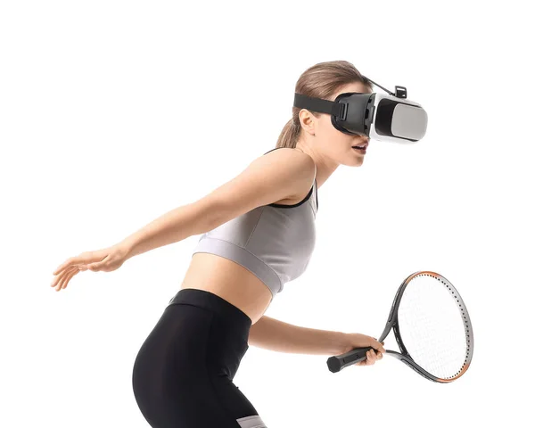 Sporty Young Woman Virtual Reality Glasses Playing Tennis White Background — Stock Photo, Image