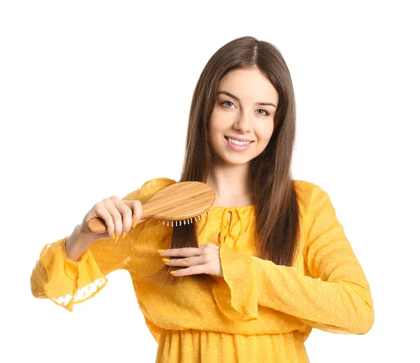 Beautiful Young Woman Hair Brush White Background — Stock Photo, Image