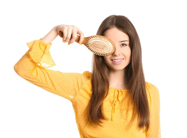 Beautiful Young Woman Hair Brush White Background — Stock Photo, Image