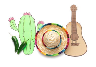 Meksika sombrerosu, biber biberi, beyaz arka planda kaktüs ve gitar çizimi.