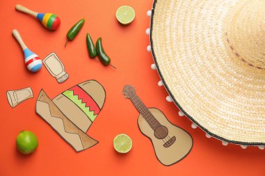 Renkli arkaplanda Meksika sembolleri olan kompozisyon