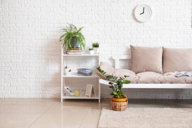 Raf üniteli modern oturma odasının içi