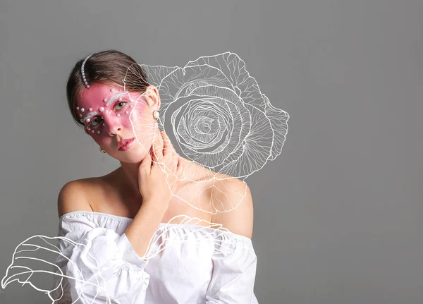 Beautiful Woman Unusual Makeup Rose Flower Grey Background —  Fotos de Stock