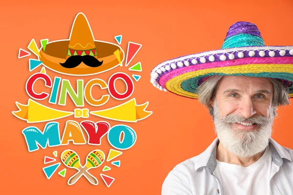 Senior Mexikansk Man Sombrero Hatt Färg Bakgrund Cinco Mayo Femte — Stockfoto