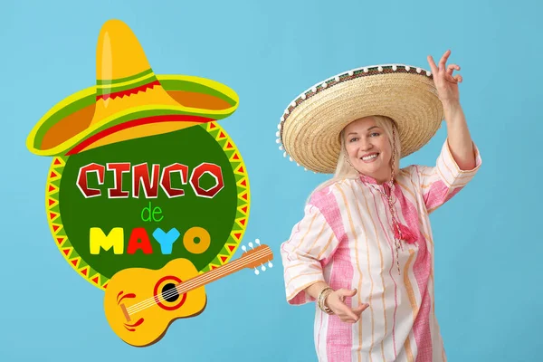 Танцующая Взрослая Мексиканка Шляпе Сомбреро Цветном Фоне Праздник Cinco Mayo — стоковое фото