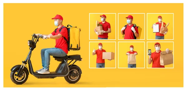 Male Couriers Medical Masks Scooter Color Background Delivery Service Coronavirus —  Fotos de Stock