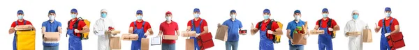 Male Couriers Protective Masks Suits White Background Delivery Service Coronavirus — Foto de Stock