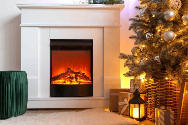 Interior Modern Room Fireplace Christmas Tree — Stock Photo, Image
