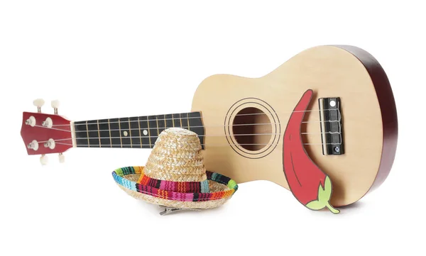 Sombrero Mexicano Guitarra Sobre Fundo Branco — Fotografia de Stock
