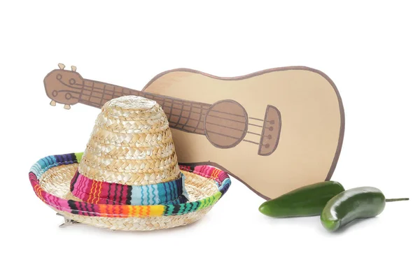 Sombrero Mexicano Pimenta Guitarra Desenhada Sobre Fundo Branco — Fotografia de Stock