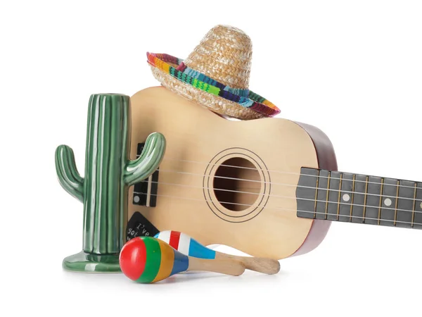 Sombrero Mexicain Cactus Céramique Maracas Guitare Sur Fond Blanc — Photo