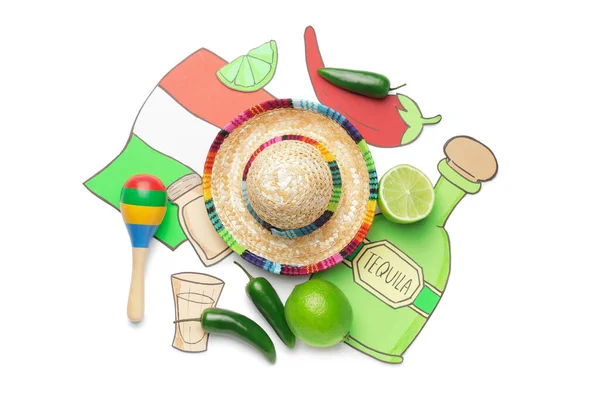 Samenstelling Met Symbolen Van Mexico Kleur Achtergrond — Stockfoto