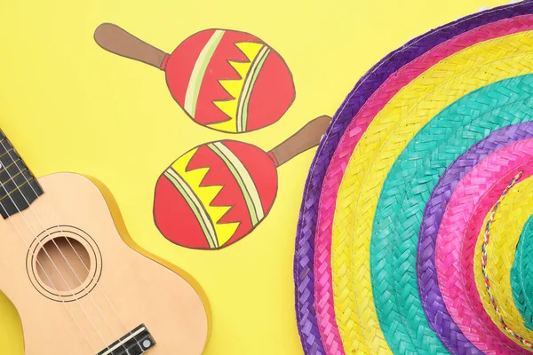 Mexican Sombrero Guitar Drawn Maracas Color Background — Foto de Stock