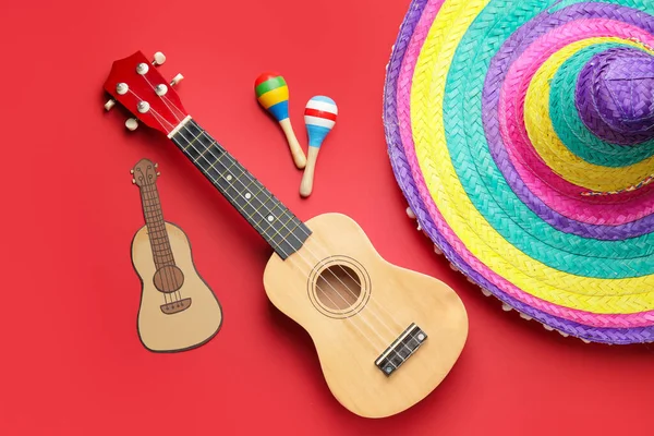 Mexikanska Sombrero Maracas Och Gitarr Färg Bakgrund — Stockfoto