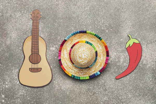 Mexican Sombrero Drawn Guitar Chili Pepper Grunge Background — Foto de Stock