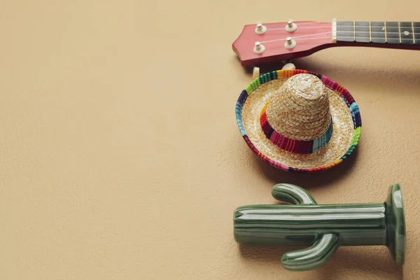 Mexican Sombrero Guitar Ceramic Cactus Color Background — Foto de Stock