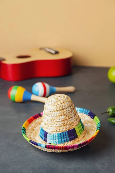 Mexican Sombrero Guitar Maracas Color Background — Foto de Stock